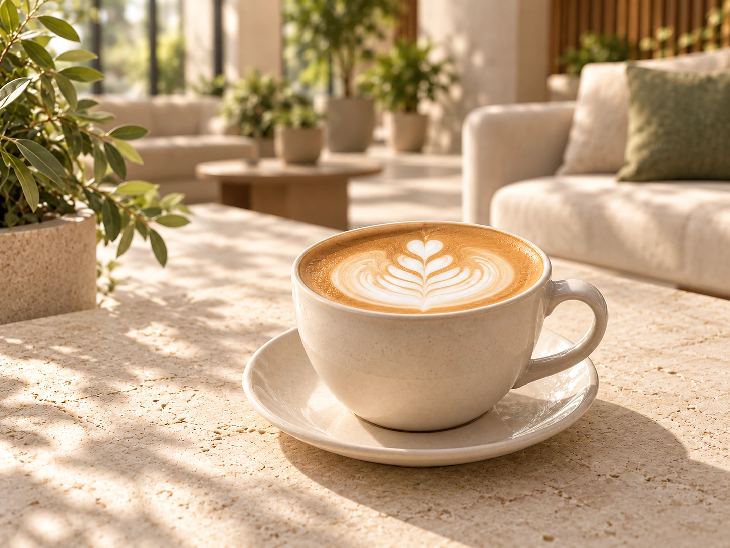 A finished coffee on a sunlit table in an office lobby