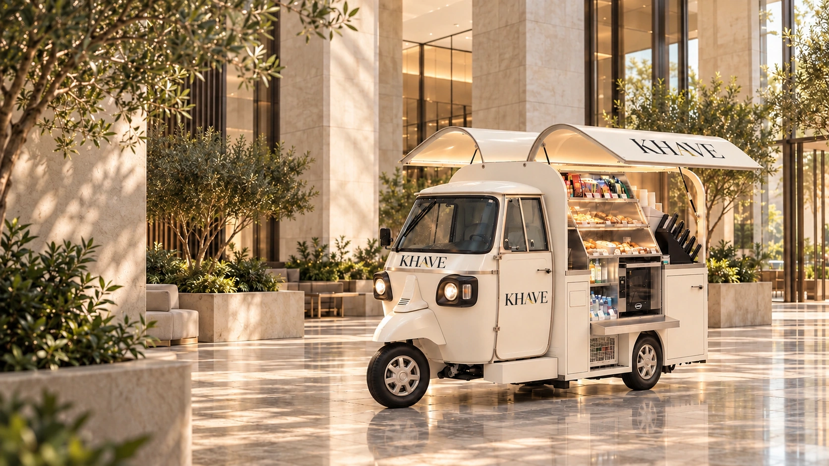 KHAVE coffee unit in ivory, in a warm stone lobby with greenery