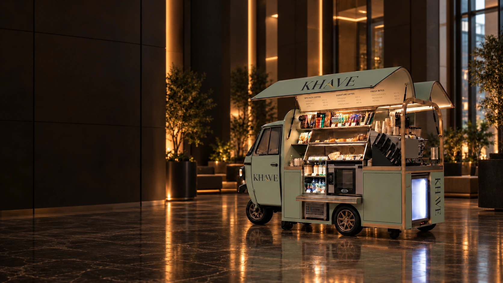 KHAVE coffee unit in sage, in a warm stone lobby with greenery